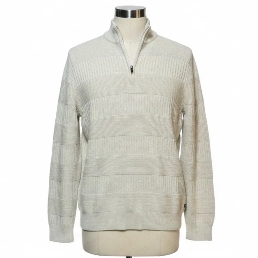 Chaps Mens Quarter Zip Pullover Sweater Cream Textured Cotton XL‎